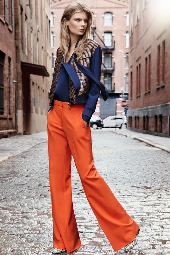 Navy Blouse and Orange Trousers